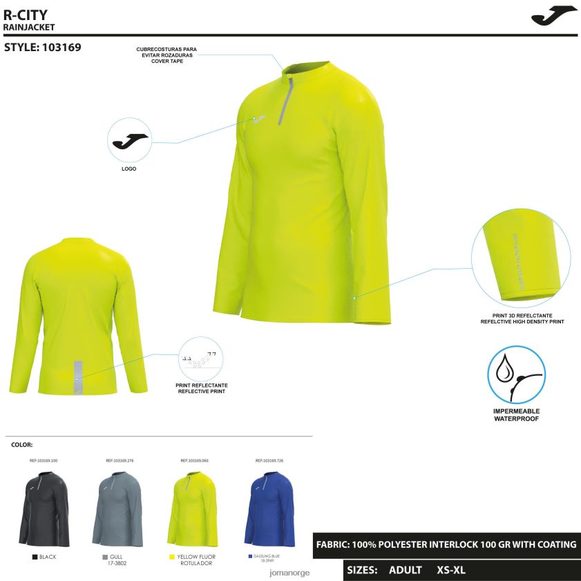nei Joma regnjakke r-city fluorescerende gul FBD0T02921 menn