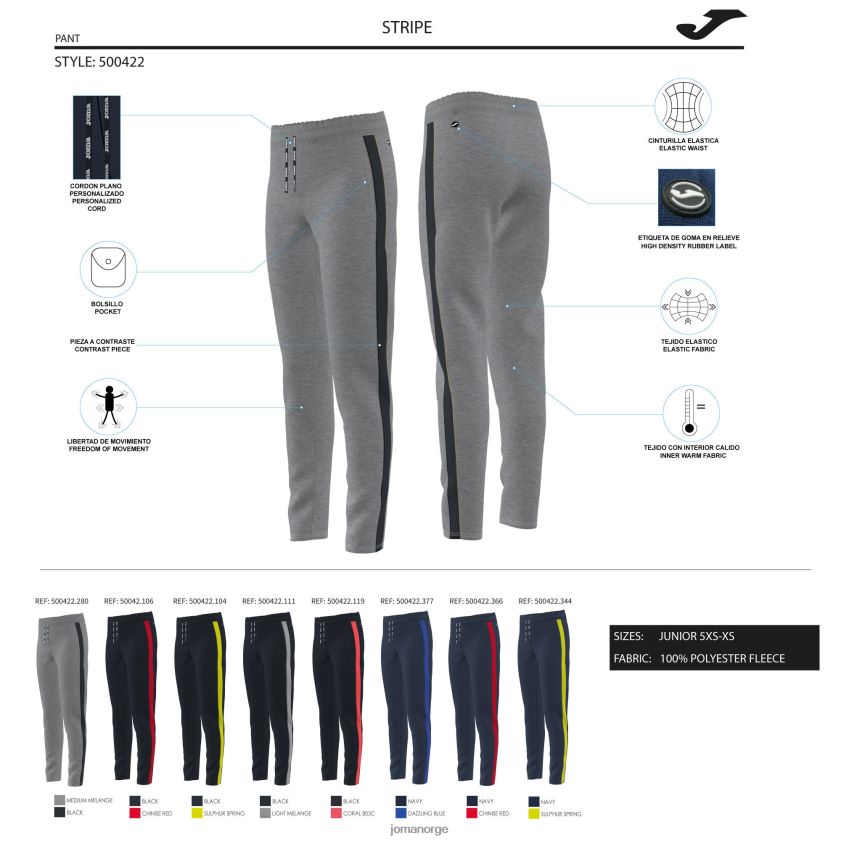 nei Joma lange bukser gutt stripe svart fluorescerende korall FBD0T02742